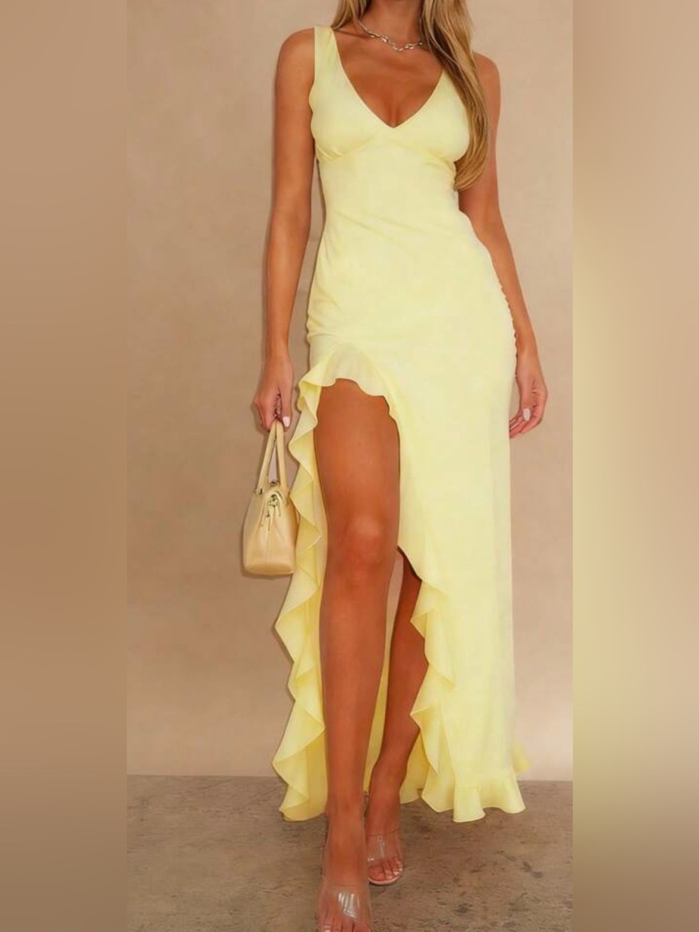 Yellow Ruffle Hem V-Neck Maxi Dress